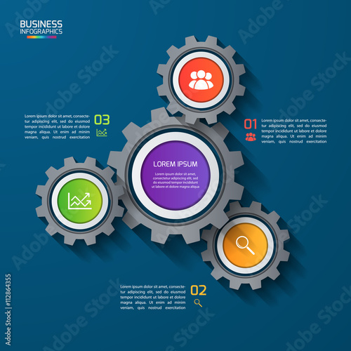 Vector infographic template with gears and world map. Business and industry concept with 3 options, parts, steps, processes.
