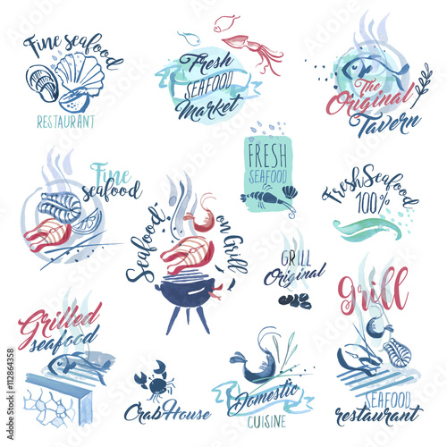 Set of hand drawn watercolor signs and stickers of seafood. Vector illustrations for menu, food and drink, restaurant and fish market.