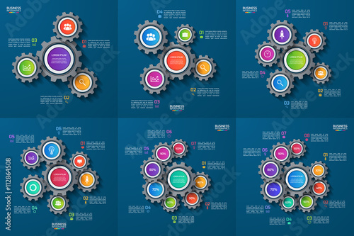 Set of vector infographic templates with gears, cogwheels. Business and industrial concept with options, parts, steps. Can be used for infographics, diagram, graph, presentation, report.