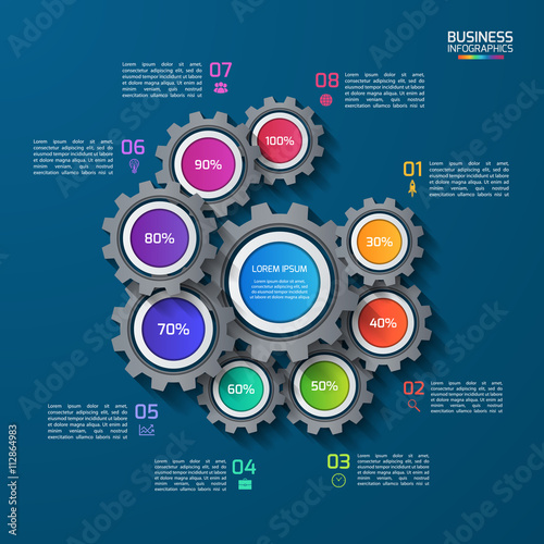 Vector infographic template with gears and world map. Business and industry concept with 8 options, parts, steps, processes.