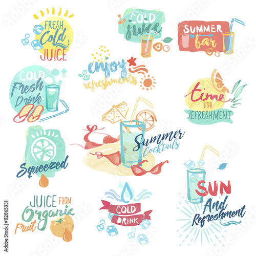 Hand drawn watercolor labels and stickers of fresh fruit juice and drinks. Vector illustrations for menu, food and drink, restaurant and cocktail bar, summer refreshment, fruit, summer holiday.