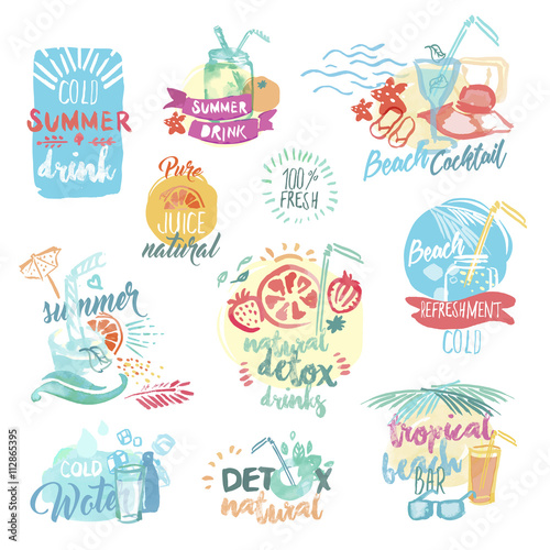 Hand drawn watercolor labels and stickers of fresh fruit juice and drinks. Vector illustrations for menu  food and drink  restaurant and cocktail bar  summer refreshment  fruit  summer holiday.