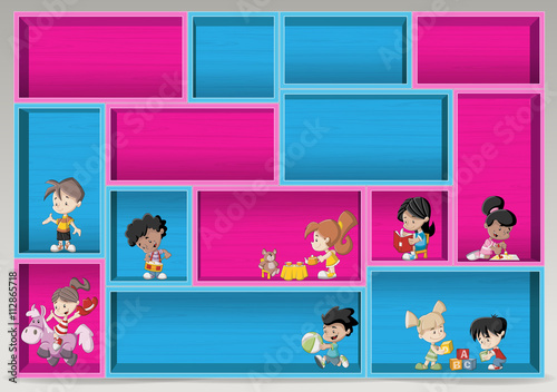 Colorful wood shelf with happy cartoon children. Design element background.
