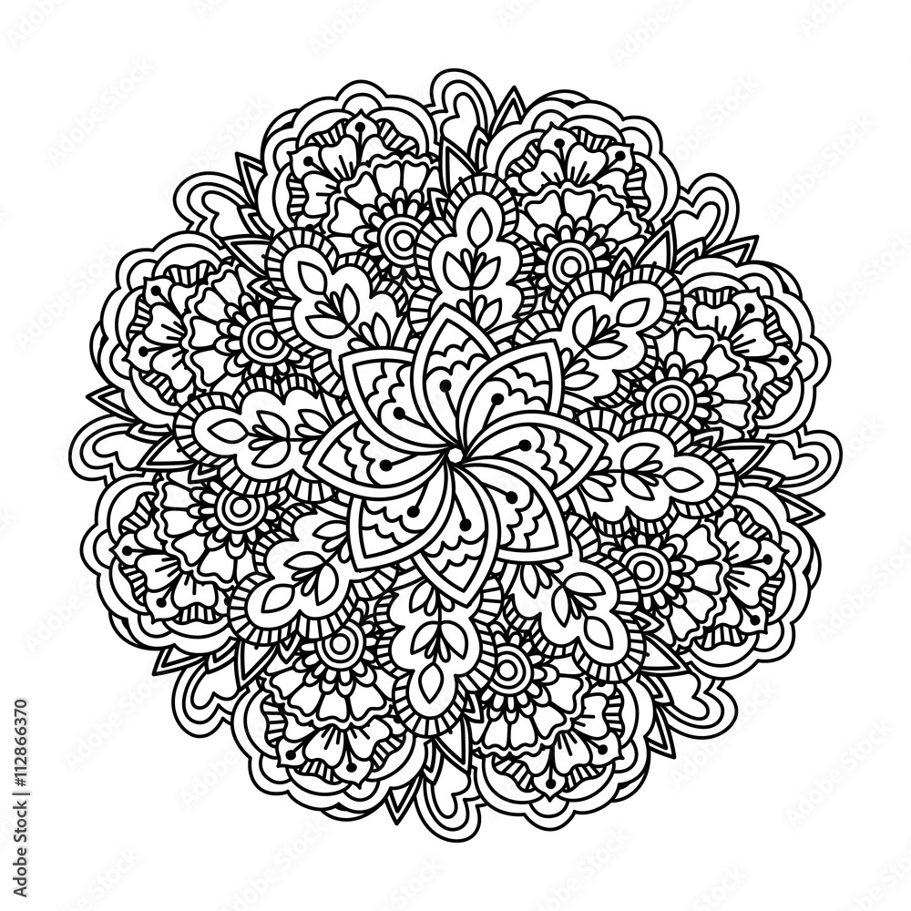 Round element for coloring book. Black and white ethnic henna pattern. Floral mandala.