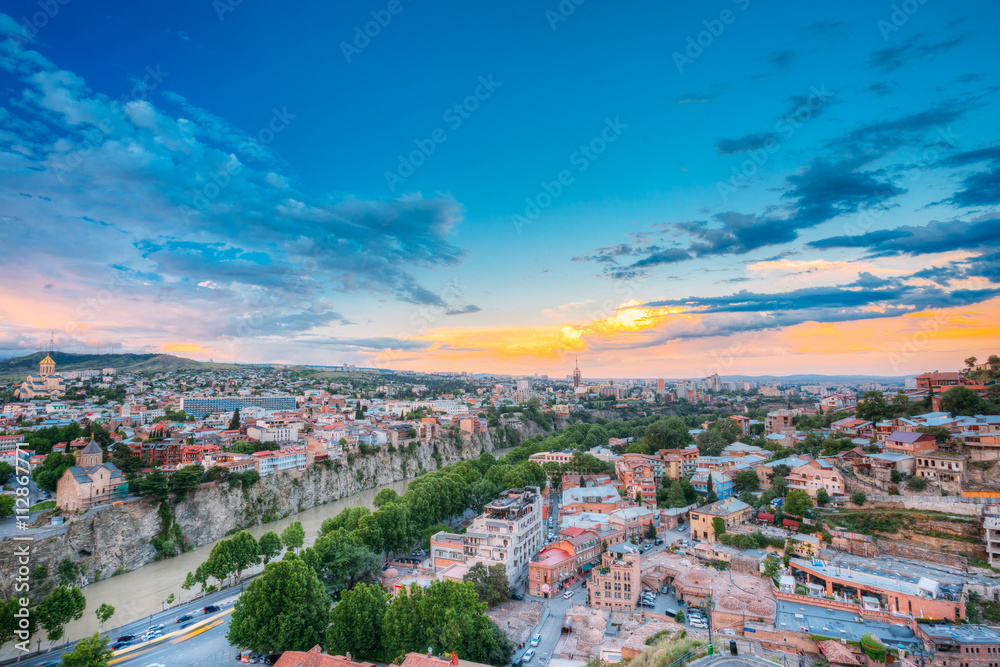 Evening View Of Tbilisi At Colorful Sunset. Georgia. Summer City