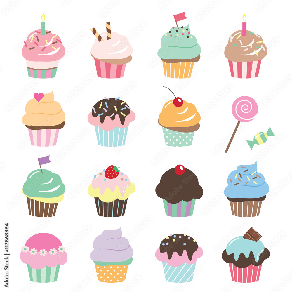Cute cupcakes set. Birthday stickers. Stock Vector