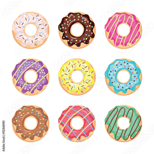 Glazed colored donuts set isolated on white.