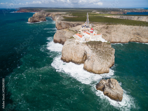 Sagres Lighthouse at Saint Vincent Cape (Cabo Sao Vicente) - most South-western point of Continental Europe, Algarve, Portugal