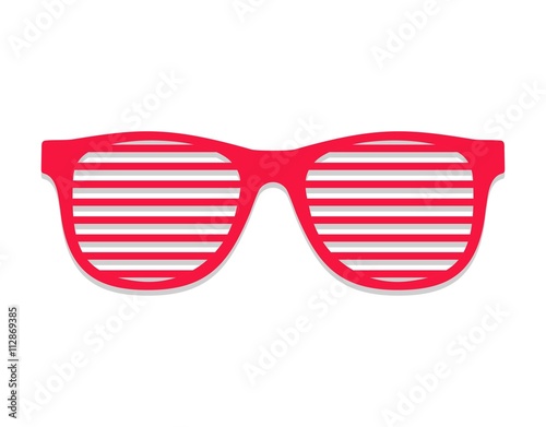 Shutter glasses. Concept of brindled or latticed sunglasses, fashionable accessory, summer youth glasses red. Shutter shades sun glasses isolated on white background