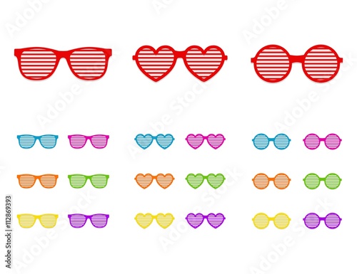 Set shutter glasses. Concept of brindled or latticed sunglasses, fashionable accessory, summer youth glasses. Shutter shades sun glasses collection isolated on white background