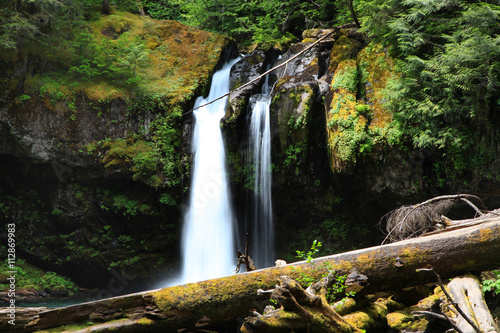 Water falls in Mount Rainier national park from glaciers  