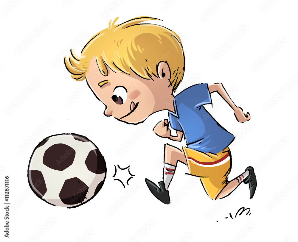 niño jugando a futbol con pelota ilustración de Stock | Adobe Stock