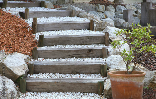 Tableau sur toile Escalier de jardin en bois et gravier