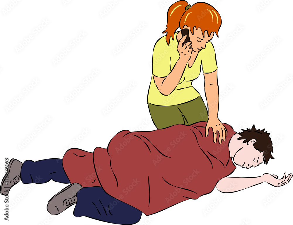 First aid - man unconscious, woman call mobile for help Stock Vector ...