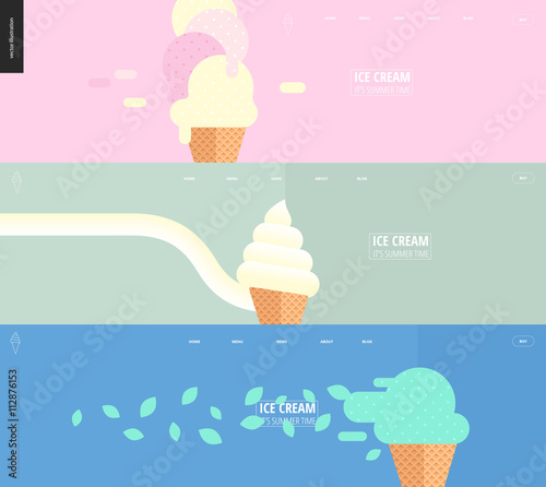 Three web banner templates - set of pink, green and blue web header templates with links, icon, illustartion and title on ice cream summer theme