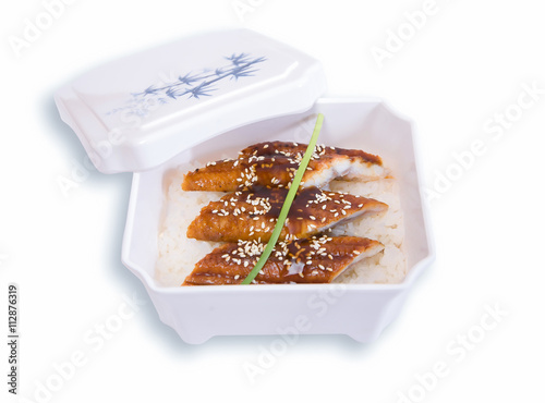 Japanese Cuisine - Unagi (Smoked Eel) on Rice with Sesame  photo