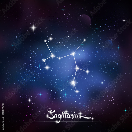 Zodiacal constellation Sigittarius. Galaxy background with sparkling stars. Vector illustration
