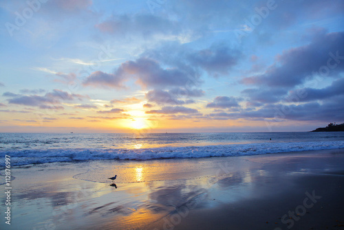 Early morning sunrise over the sea and birds. Sunset. Beautiful sunset over the ocean. Gold sea sunset. Amazing golden sky and sea waves in summer vacation