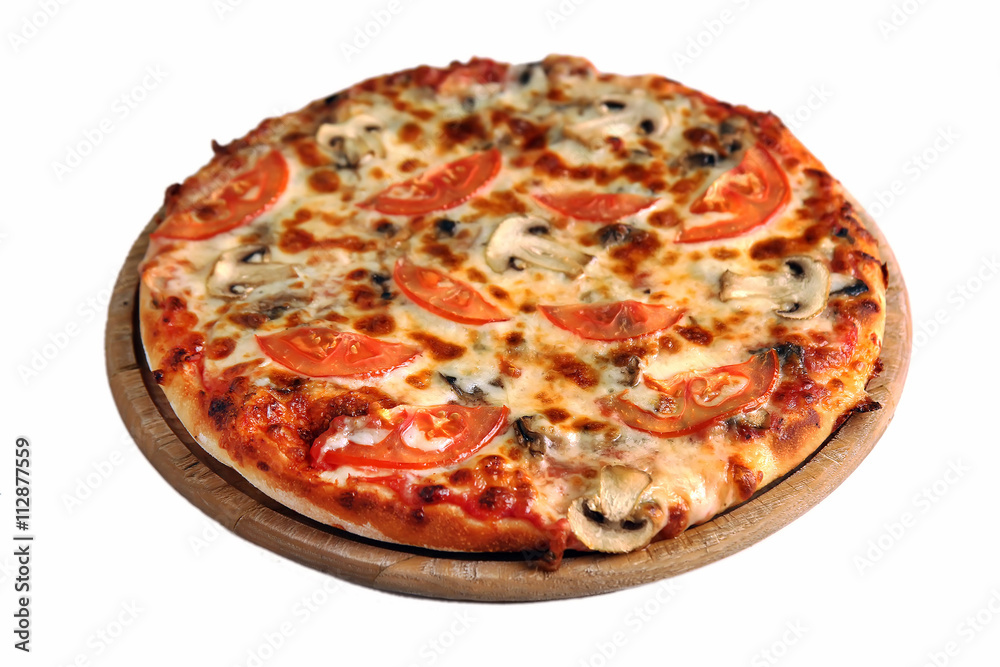 Pizza on wooden stand isolated on white Pizza on wooden stand isolated on white