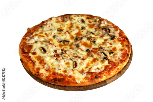 Pizza on wooden stand isolated on white