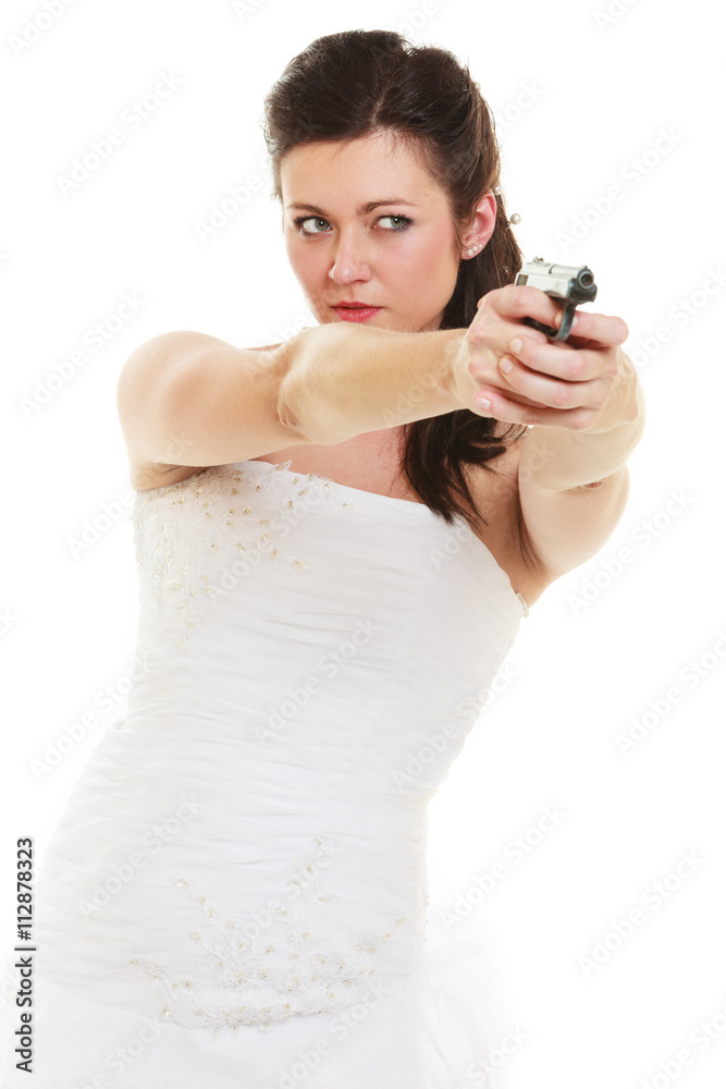 Angry bride with gun isolated on white. Angry bride with gun isolated on white.