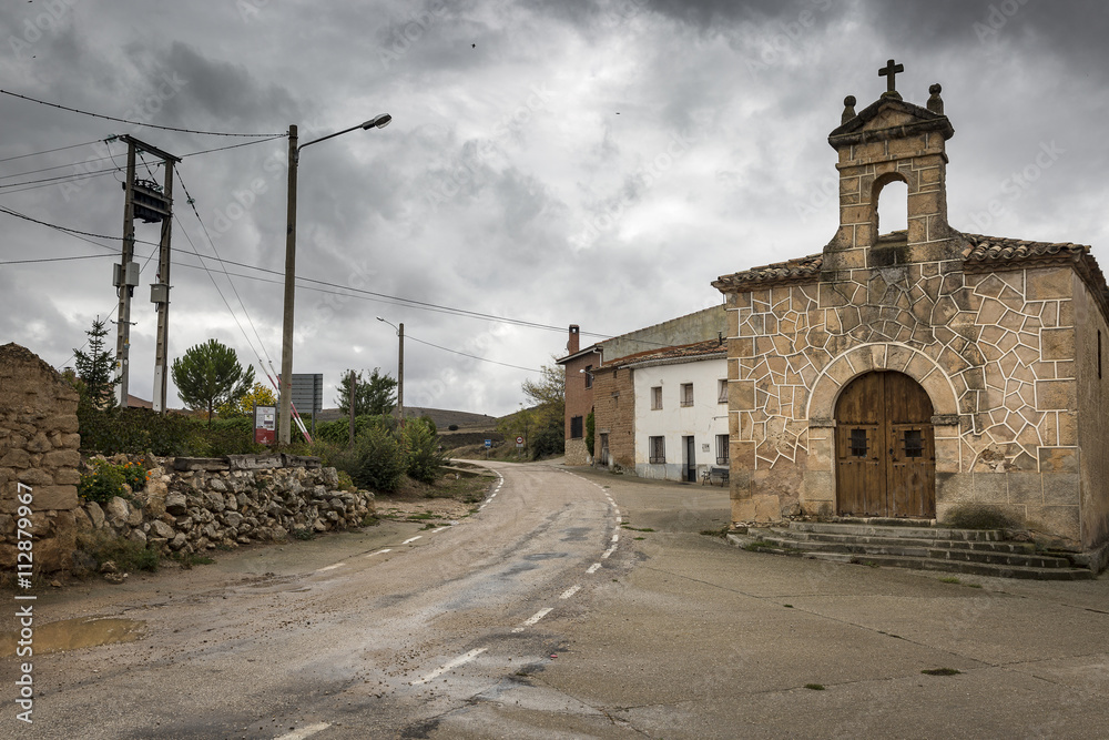 Vildé village and the ancient hermitage on a rainy day, Soria, Spain