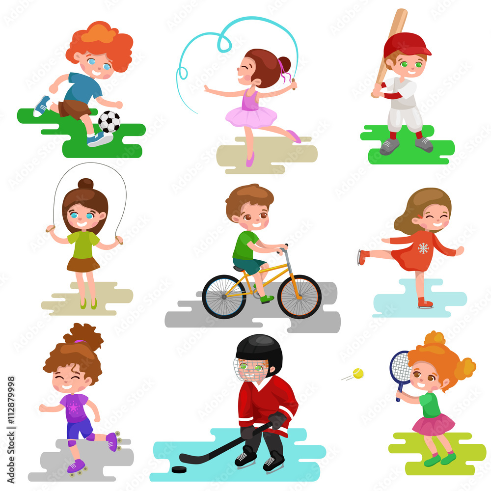 Kids sport, isolated boy and girl playing active games vector