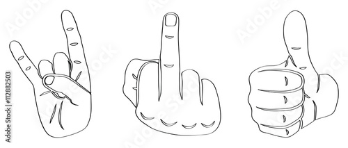 Drawn Doodle Lined Icon Set Devil Horns, Thumbs Up & Fuck You photo