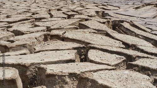 Dry brown soil dried former muddy ground, drought