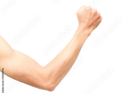 Man's arm strong with muscle on white background, health concept