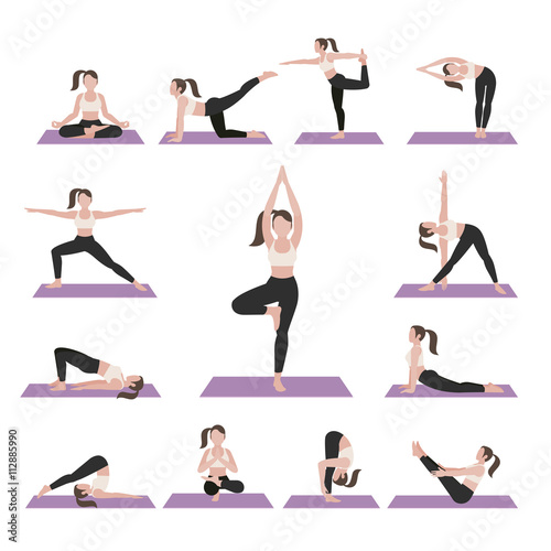 Yoga postures exercises set. Vector illustration.
