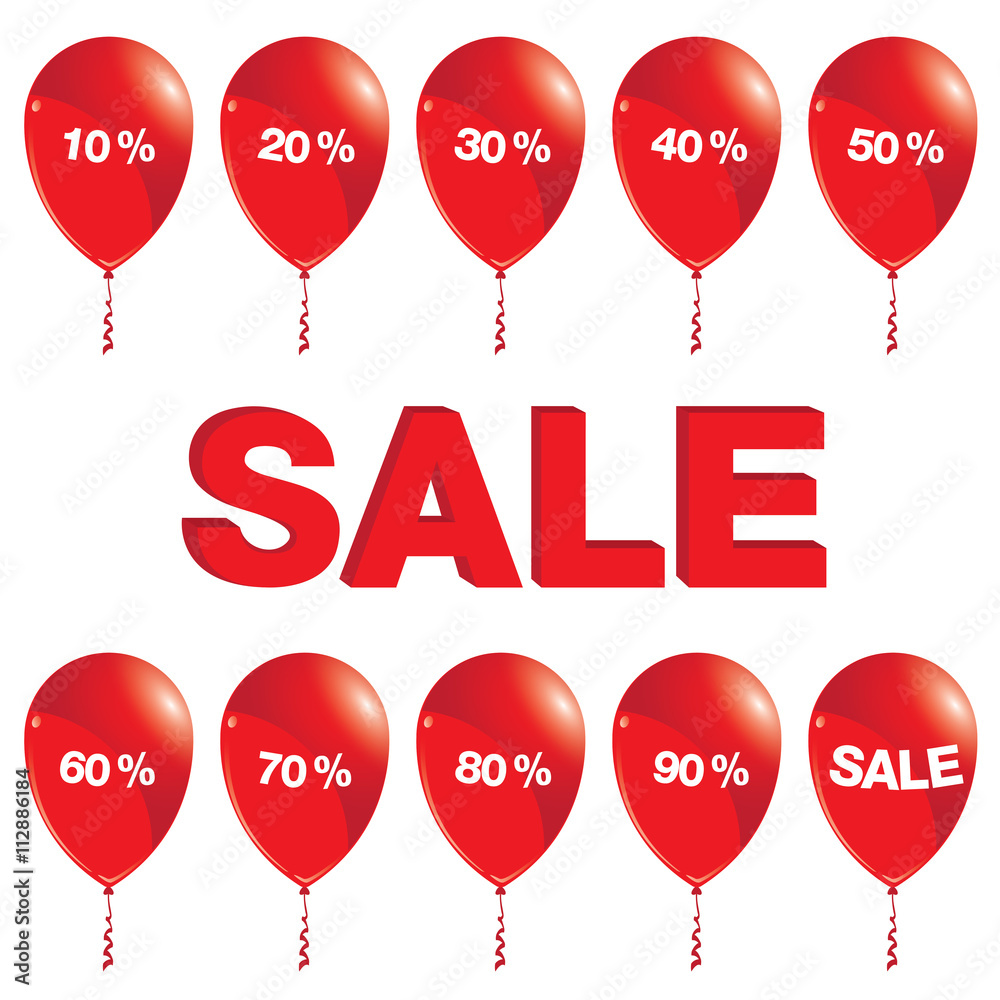 Red balloons with sale. Red balloons with sale isolated on white background. Red balloons with sale. Red balloons with sale isolated on white background.