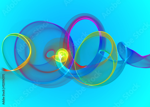 holiday glass transparent rainbow curved spiral and sircles over cyan blue Abstract Background. horizontal Illustration.