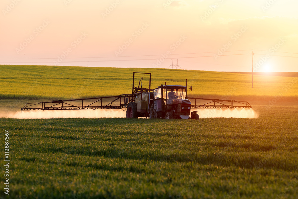 Obraz premium Sunset above spraying machine