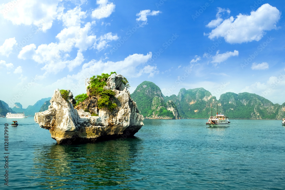 Fototapeta premium HALONG bay in vietnam. UNESCO World Heritage Site. This view from TiTop island and its most popular view for travel in Halong bay.