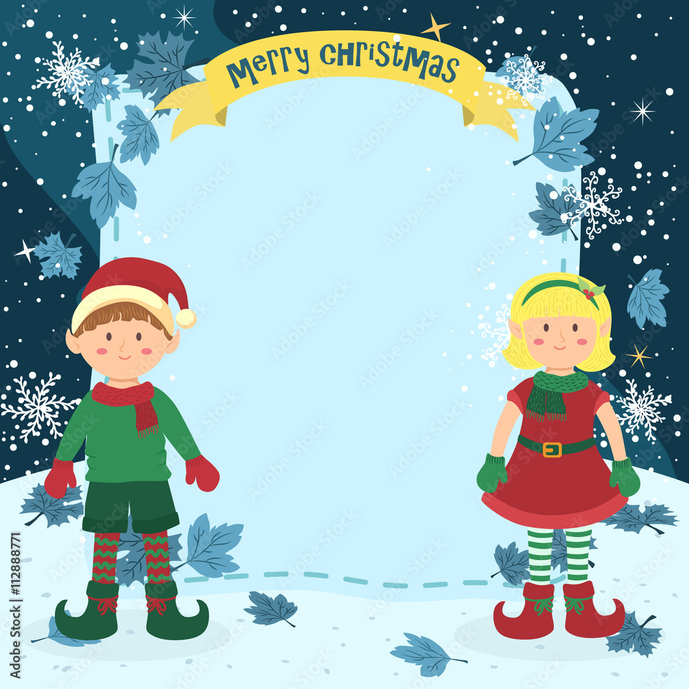 Fototapeta premium Notes Christmas Elf Couple. Illustration of christmas greeting card with elves in winter night background.
