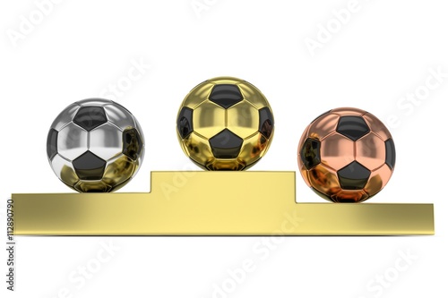 Three gloss soccer balls on golden pedestal. 3D rendering.