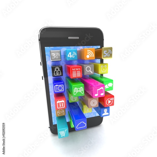  application software icons extruding from smartphone, isolated on white. 3d rendering.