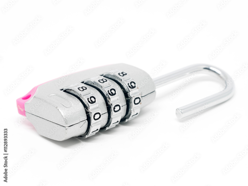 Unlocked combination old padlock isolated on white background Stock