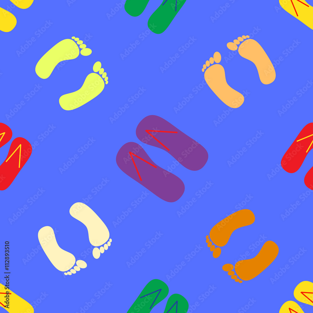 Image of various colorful flip flops on a sandy background Image of various colorful flip flops on a sandy background