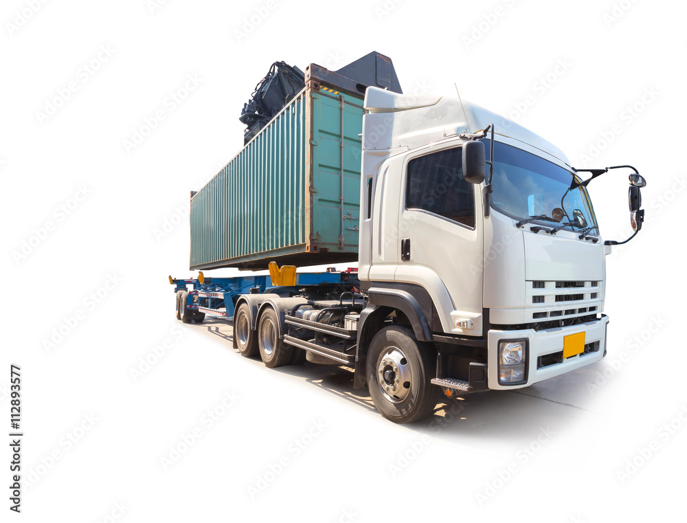 forklift car moving container box with truck ,isolated on white