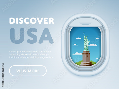Discover USA. Traveling the world by plane. Tourism and vacation theme. Attraction of airplane window. Modern flat vector design banner.
