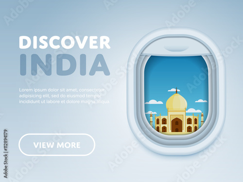 Discover India. Traveling the world by plane. Tourism and vacation theme. Attraction of airplane window. Modern flat vector design banner.