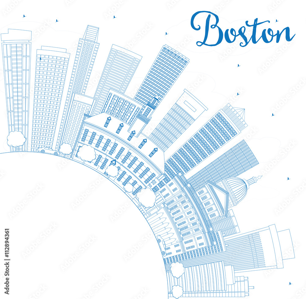 Outline Boston Skyline with Blue Buildings and Copy Space.