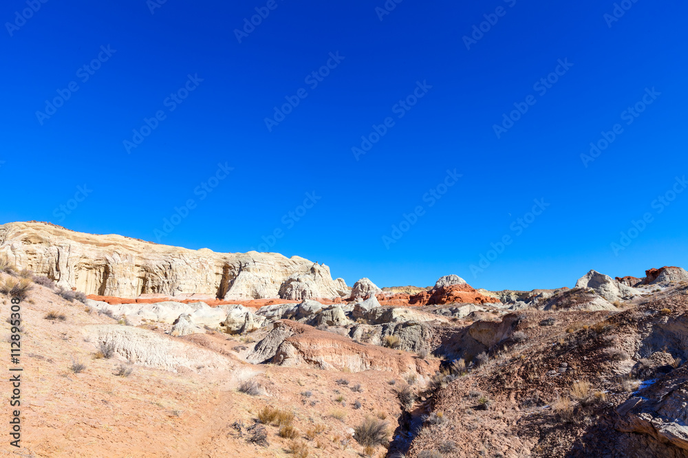 Toadstool Trail-north of Page Arizona.This fantasyland of mushroom formations against white cliffs and deep blue skies, is spectacular Toadstool Trail-north of Page Arizona.This fantasyland of mushroom formations against white cliffs and deep blue skies, is spectacular