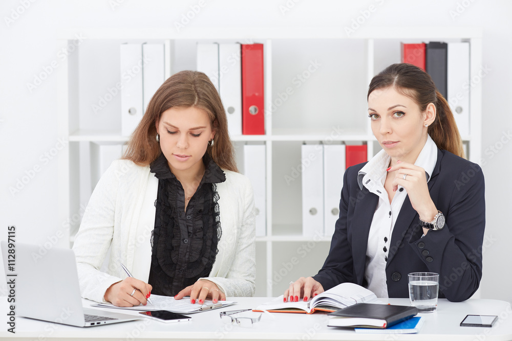 Fototapeta premium .Secretary at the reception of the woman director.Serious business and partnership, conference, job offer, financial success concept