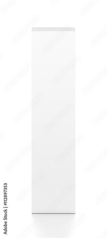 White tall thin vertical rectangle blank box from top front angle. 3D illustration isolated on white background. White tall thin vertical rectangle blank box from top front angle. 3D illustration isolated on white background.