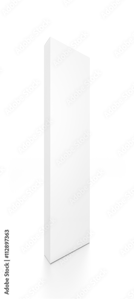 White tall thin vertical rectangle blank box from front side angle. 3D illustration isolated on white background. White tall thin vertical rectangle blank box from front side angle. 3D illustration isolated on white background.