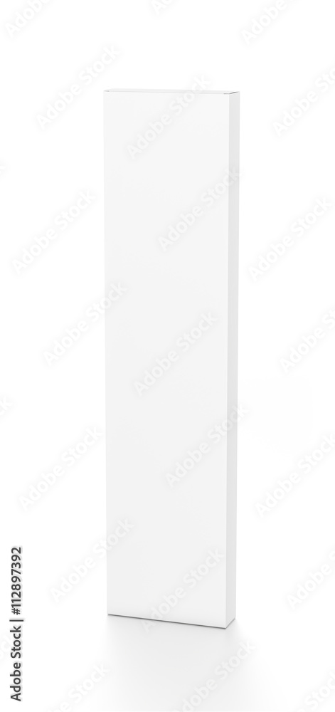 White tall thin vertical rectangle blank box from top side angle. 3D illustration isolated on white background. White tall thin vertical rectangle blank box from top side angle. 3D illustration isolated on white background.