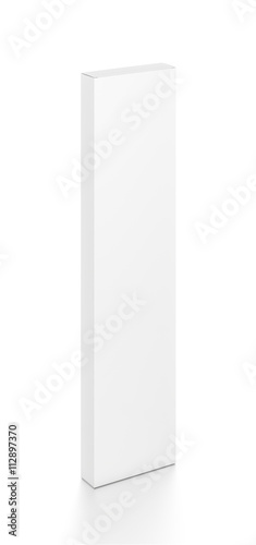 White tall thin vertical rectangle blank box from top front side angle. 3D illustration isolated on white background.